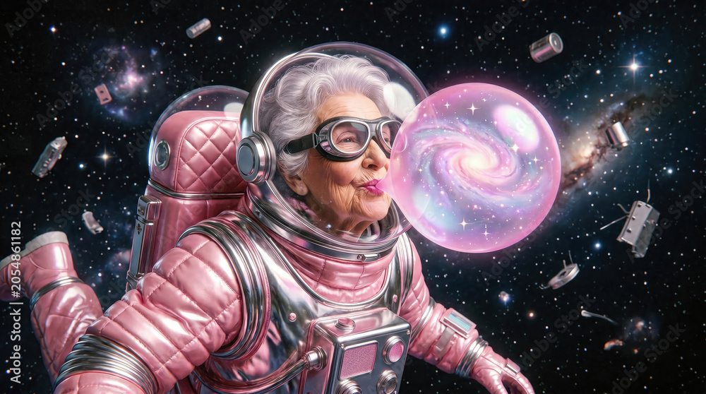 Naklejka premium Elderly woman astronaut in pink metallic suit blowing a translucent bubble containing a spiral galaxy, floating among space debris against starry background playful cosmic adventure concept