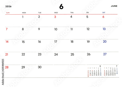 June 2026 calendar on a white background, new plans for 2026
