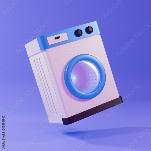A stylized 3D render of a minimalist washing machine featuring a bright blue rim and control panel, isolated on a solid blue background.
