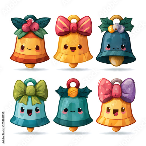 Set of cute cartoon christmas bells with smiling faces, festive bows, and holly decorations, colorful holiday ornaments isolated on white background