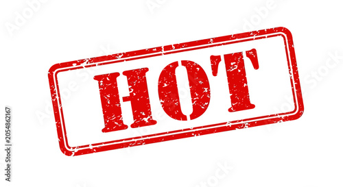 Foto A distressed red rectangular rubber stamp imprint with the word HOT in bold wh