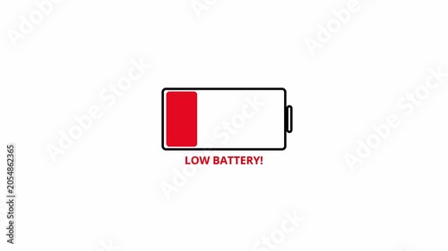 Low battery power indicator animation on a  transparent background. Empty Battery. Low Battery Icon. Alpha Channel. Loop .