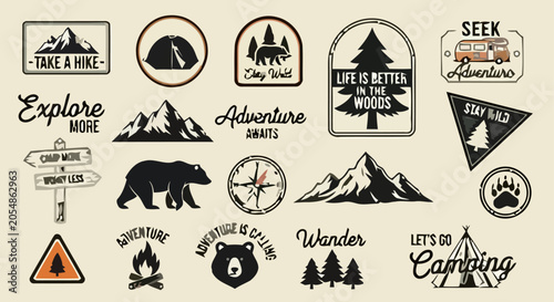 Cuadro en lienzo Vintage outdoor camping badges and adventure emblems set with mountains, bears,