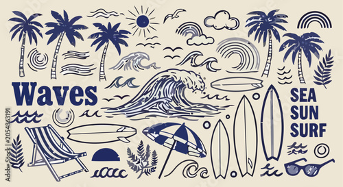Foto Hand drawn beach and surf elements set with ocean waves palm trees surfboards an