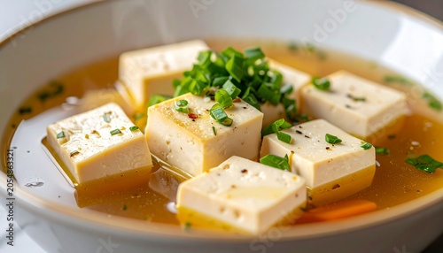 A steaming bowl of cubed tofu floats in savory broth garnished with green herbs.