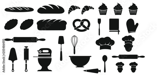 Foto Collection of bakery and baking items including various breads, cupcakes, and ki