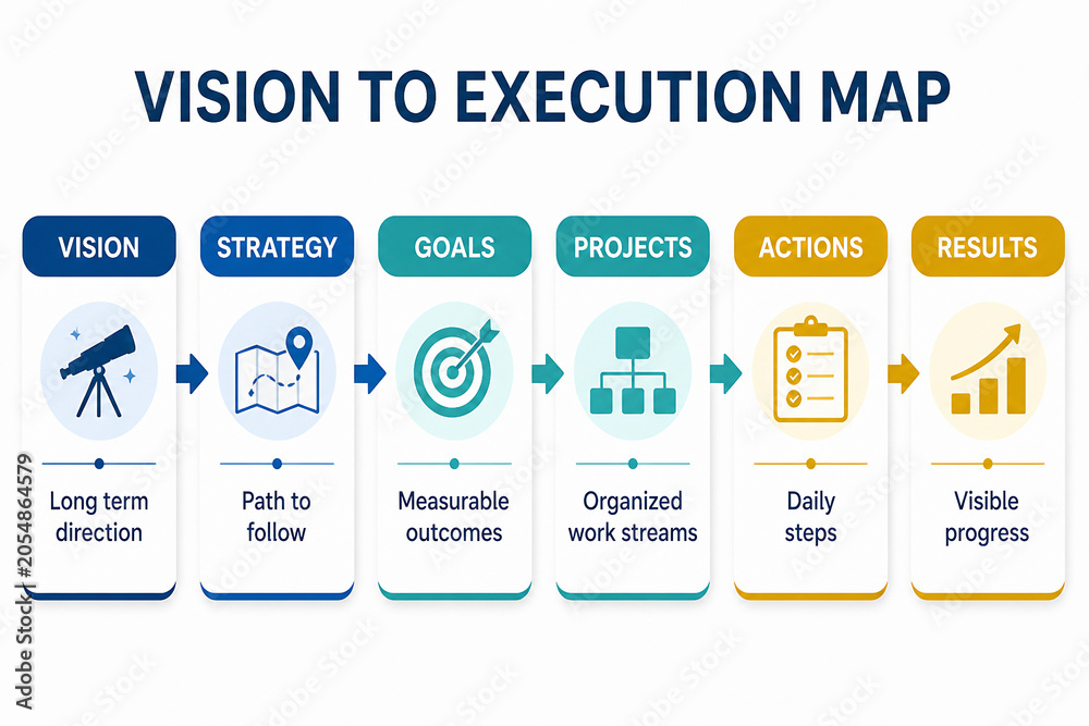 Obraz premium A diagram illustrates the Vision to Execution Map process, showing steps from vision to results.