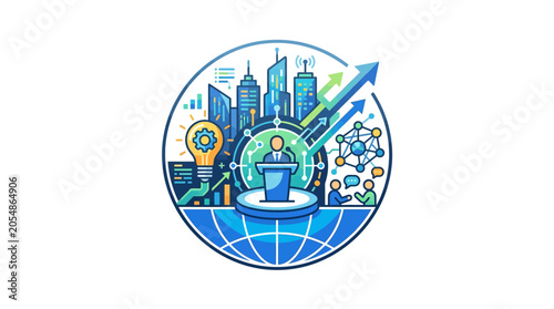 A stylized circular illustration depicting a business leader presenting at a conference with global growth symbols.