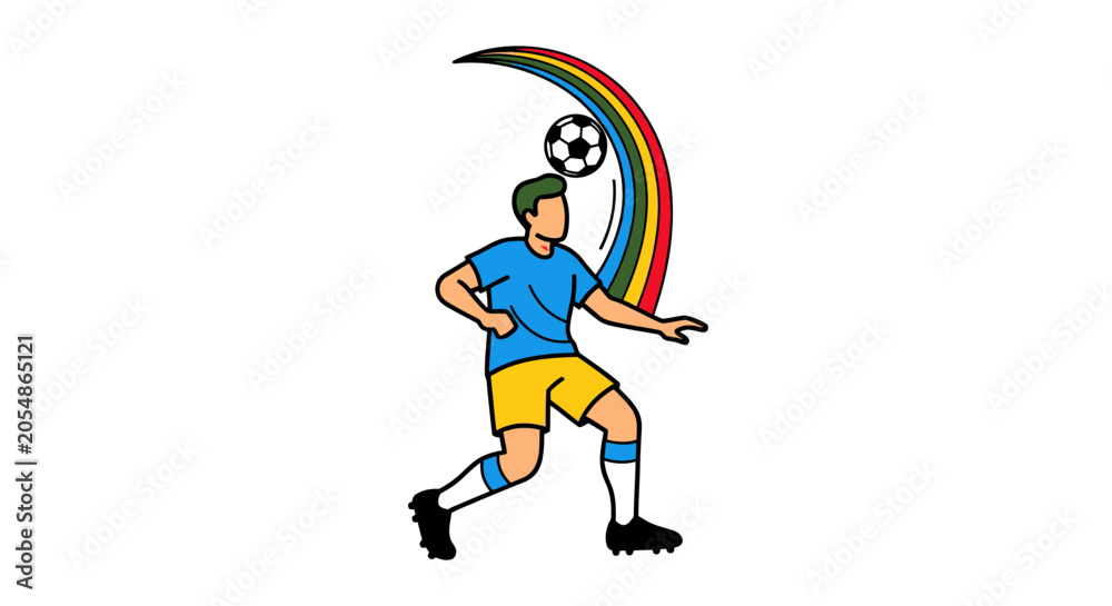 Fototapeta premium Soccer player heading ball with colorful rainbow arc.
