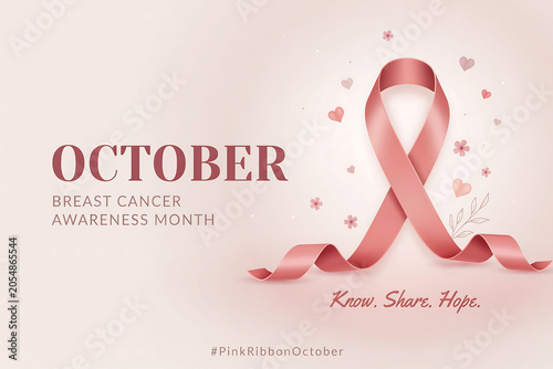Pink ribbon symbol for breast cancer awareness month graphic with October text message
