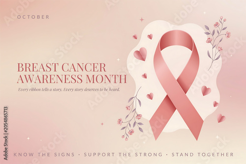 Breast cancer awareness month illustration with pink ribbon hearts and flowers