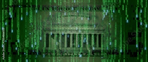 Digital Currency Concept with Five Dollar Bill made up of Animated Numbers and Symbols. Cryptocurrency Banking Wallpaper.