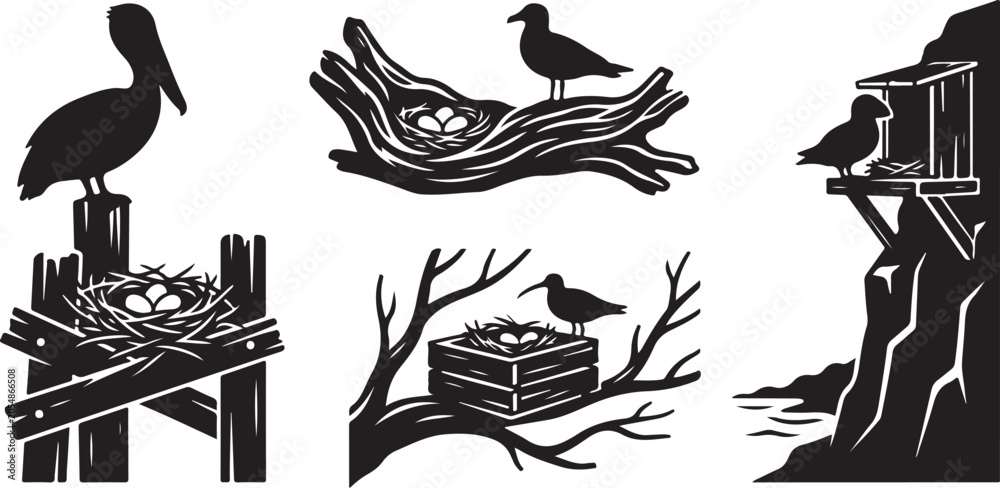 Obraz premium Birds on nest, bird silhouettes, vector icons, black and white, 5 elements