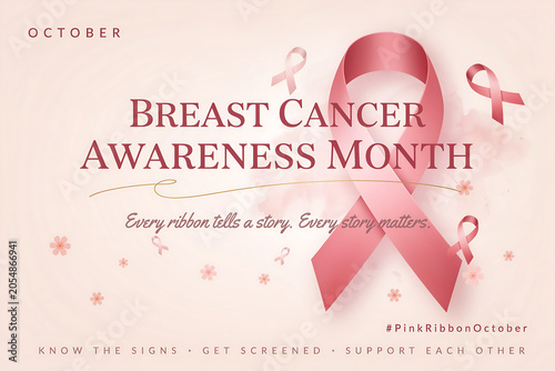 An illustrative graphic for Breast Cancer Awareness Month with pink ribbons and text