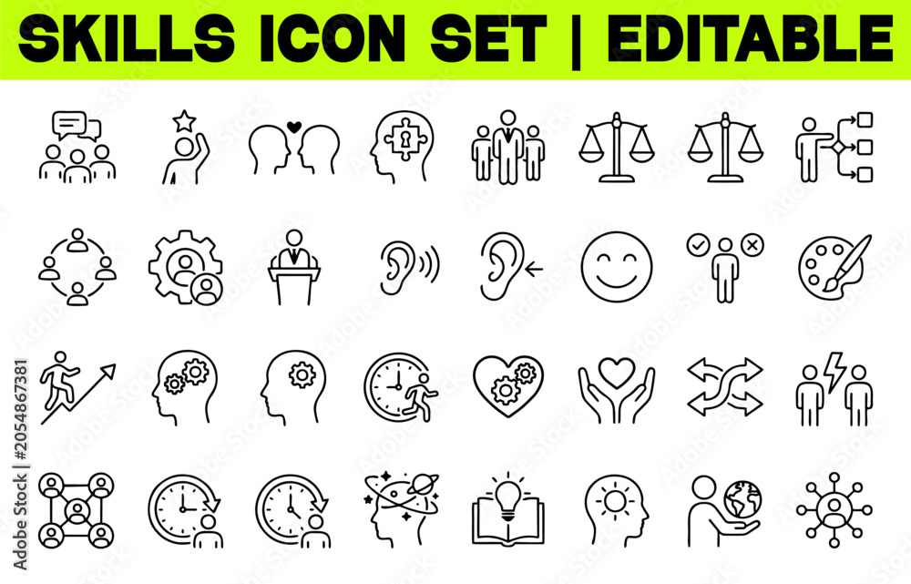 Fototapeta premium Skills Icon Set. Communication, Creativity, Problem Solving, Empathy and Work Ethics Line Editable Stroke Vector Illustration Collection