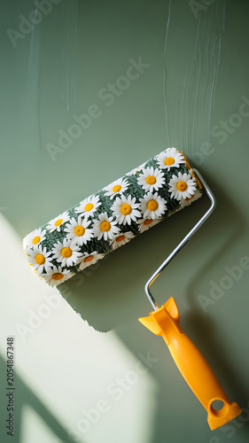 A paint roller with a floral pattern on its roller cover lies on a sage green wall with streaks of white paint