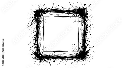 Border characterized by aggressive black ink splatters and rough artistic marks defines a bold frame for creative projects.