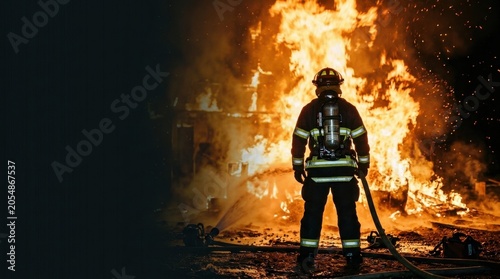 Firefighter Facing Intense Inferno at Night Website Banner with Copy Space. Professional Fireman in Protective Gear Battling Large Blaze with Hose for Emergency Service Hero Header.