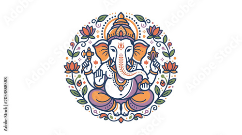 Tableau sur toile Colorful illustration of Lord Ganesha seated in a meditative pose surrounded by floral elements