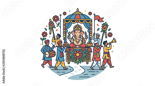 Foto Illustration of Lord Ganesha being carried in a festive procession by musicians and devotees