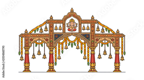 Ornate traditional Indian temple entrance archway with Ganesha illustration.