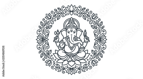 Intricate line art illustration of Lord Ganesha seated within a decorative floral mandala frame.