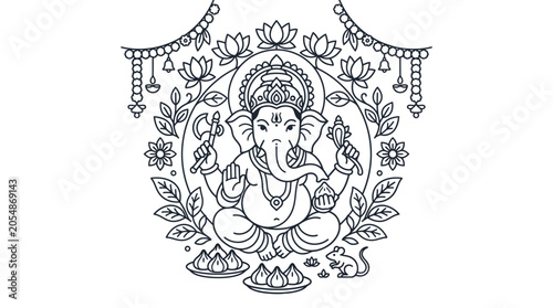Fotografie Line art illustration of Lord Ganesha seated in a meditative pose with traditional symbols