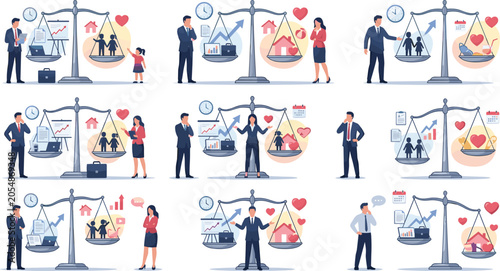 Obraz na płótnie Work life balance concept vector illustration set with business people weighing