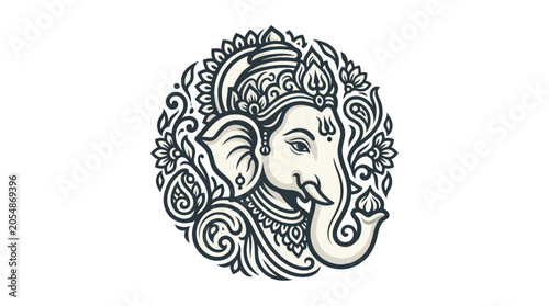 Intricate black and white line art illustration of Lord Ganesha.