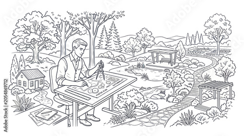 Quadro su tela Landscape designer drafting garden master plan with architectural tools
