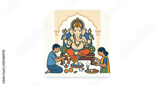 Foto A man and woman offering prayers to Lord Ganesha during a traditional festival