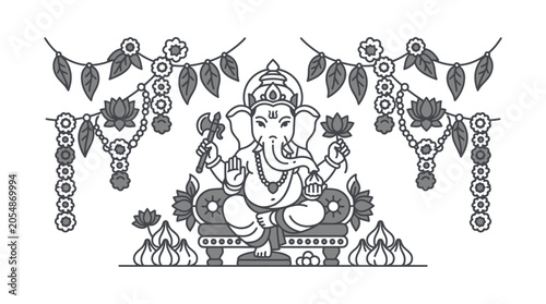 Line art illustration of Lord Ganesha seated on a throne with floral decorations.