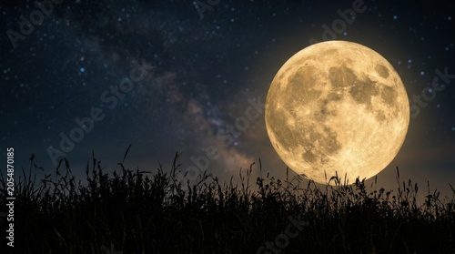 Full moon rising over dark field at dusk with dramatic clouds and wild grass