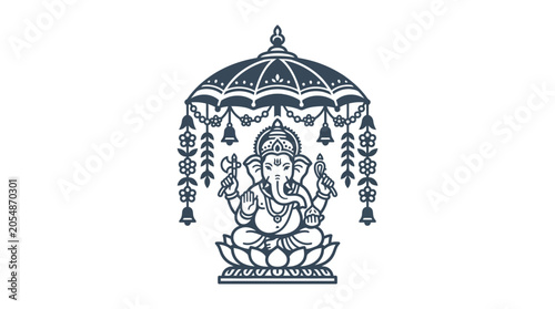 Εκτύπωση καμβά Intricate line art illustration of Lord Ganesha seated under an ornate ceremonial umbrella
