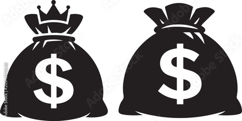 Obraz na płótnie Two money bags with crown and drawstring icons Vector