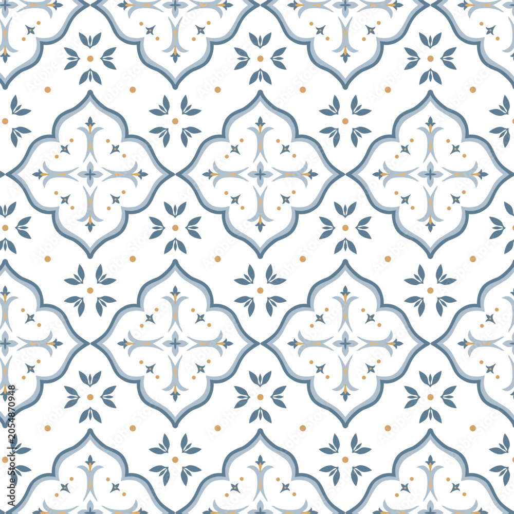 Fototapeta premium Blue European Tile Seamless Pattern with Vintage Floral and Geometric Motifs