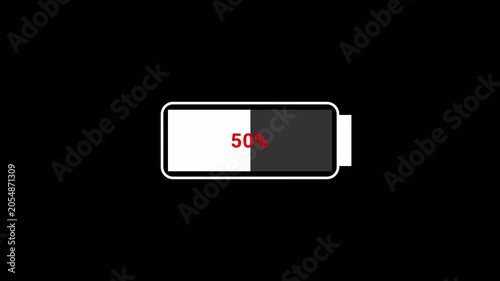 Low battery power indicator animation on a  transparent background. Empty Battery. Low Battery Icon. Alpha Channel. Loop .