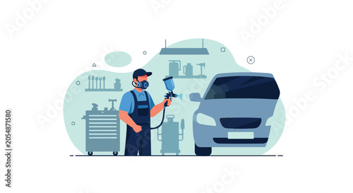 Photos Auto Body Painter Spraying Paint on Car Vector Illustration, Automotive Repainti