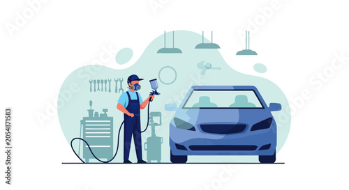 Quadro su tela Auto Body Painter Spraying Paint on Car Vector Illustration, Automotive Repainti