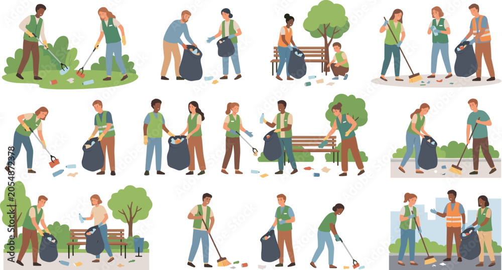 Fototapeta premium Community volunteers cleaning park from litter gathering trash sweeping with brooms putting garbage into bags flat vector illustration character set isolated on background