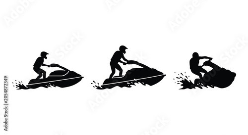 Tableau sur toile Jet ski riders in motion a black silhouette against a white background silhouett