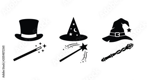 Фотография Three wizard hats magic wands and stars in black silhouette hat top pointed witc