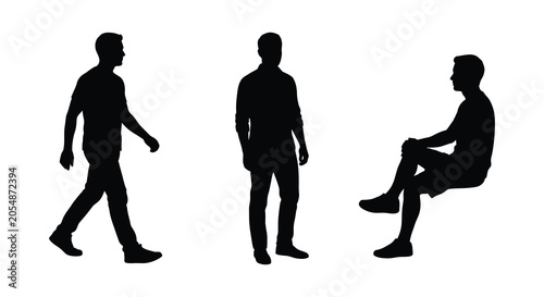 Fotografie Three male figures in various poses depicted as a black silhouette man men figur