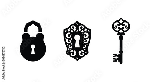 Fotografie Lock keyhole and ornate key in black silhouette against a white background lock