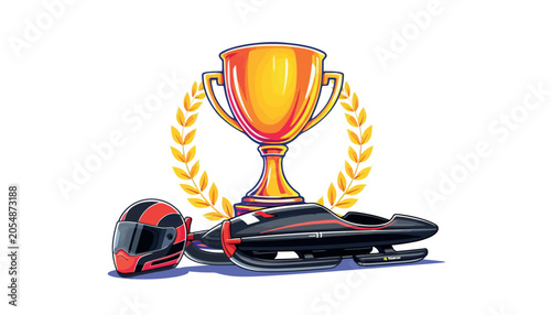 Bild auf Leinwand Vsai bobsledding equipment and golden trophy with laurel wreath