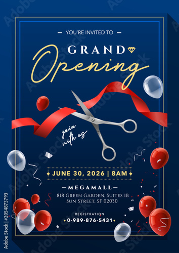 Blue Grand Opening Invitation Flyer with Ribbon Cutting Ceremony and Balloon Decoration Vector