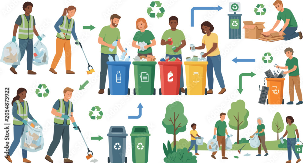 Fototapeta premium Waste sorting and recycling process vector illustration set with volunteers cleaning park gathering trash separating plastic paper glass and electronic garbage in bins