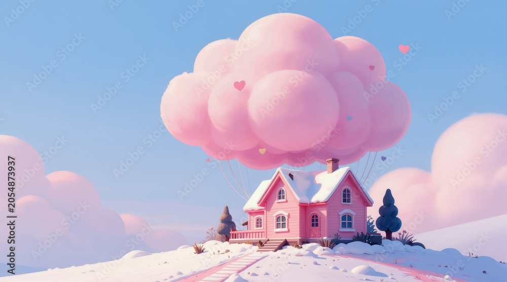 Naklejka premium Pink cartoon house floats in sky held by big pink cloud balloons. Snowy landscape, cute pastel hearts, bright blue sky background. Whimsical fantasy scene for dreamers.