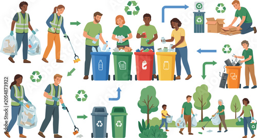 Foto Waste sorting and recycling process vector illustration set with volunteers clea