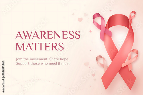 Pink ribbons and text for breast cancer awareness movement and support cause